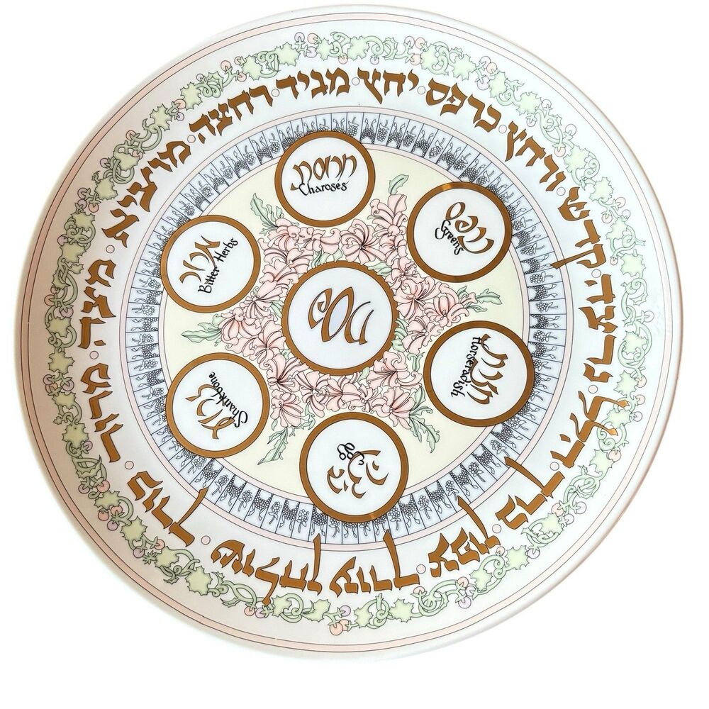 Cara Goldberg Marks Seder Plate in Hebrew/English Porcelain Gold Trim 14" Japan